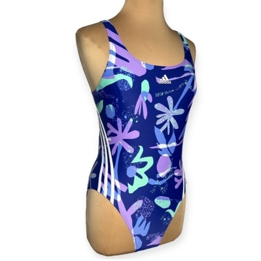 Adidas blue purple Floral sporty retro 90’s 3-Stripes One Piece Swimsuit size 14 - Picture 4 of 8